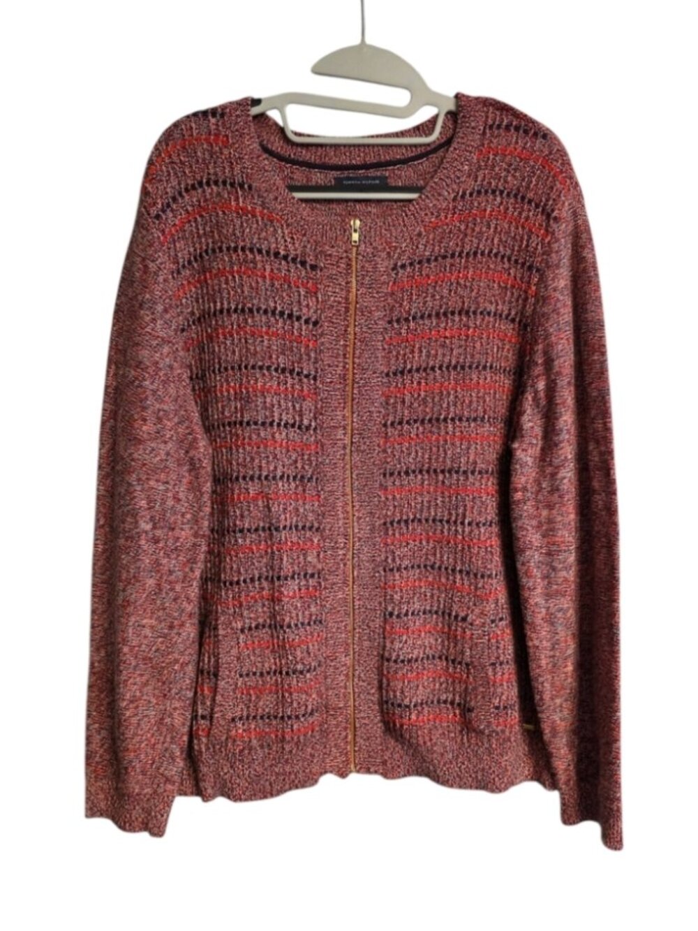 Tommy Hilfiger Knitted Zipper Front Sweater Red Navy Stripes Preppy Boyfriend